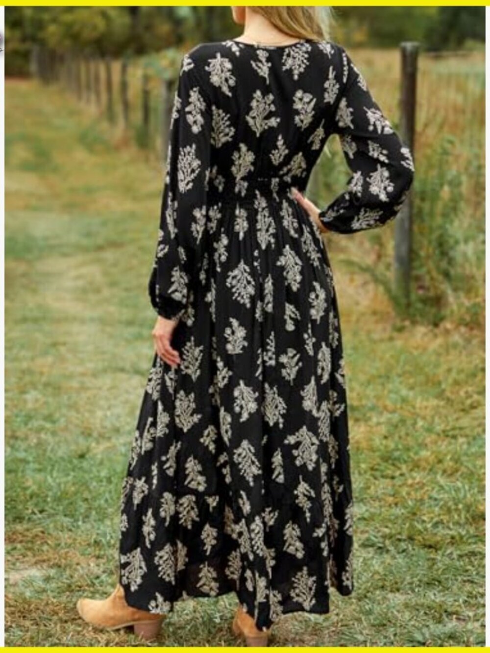 Floral Maxi Dress V Neck Long Puff Sleeve Smocked Waist Ruffle Boho Festival - Picture 2 of 6